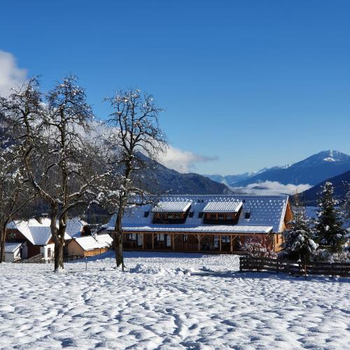 a house in the snow with snow covered at Nest Lodge in Weissbriach