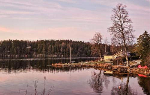 a lake with a house and a tree on the shore at Amazing Home In Spydeberg With Wifi in Spydeberg