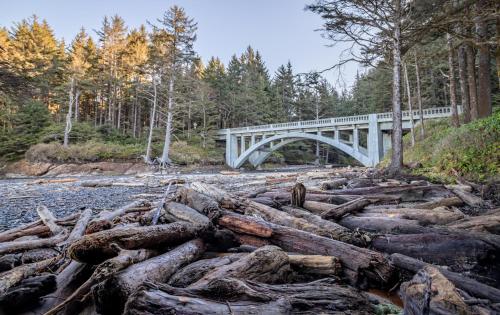 a bridge over a river with logs in the foreground at The Boat House in Yachats