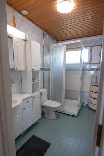 a bathroom with a toilet and a shower and a sink at Kent's Lodge in Herrefors