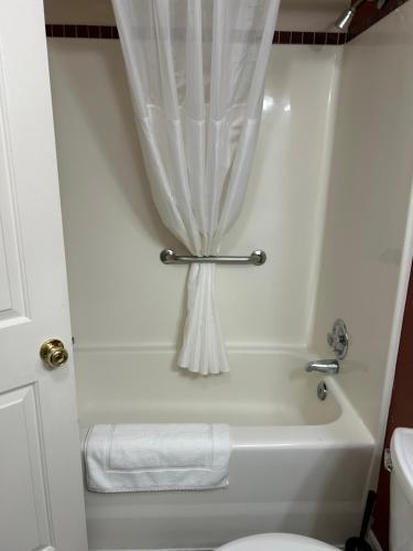 a white bath tub with a curtain in a bathroom at Arrowhead Lake Inn in Lake Arrowhead