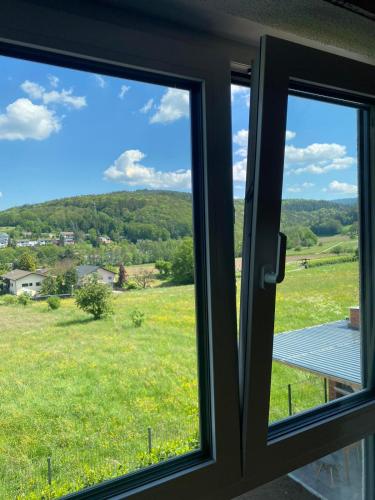 a window with a view of a green field at Ferienwohnung Auf der Höhe in Erbach im Odenwald