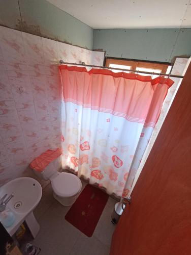 a bathroom with a toilet and a shower curtain at Cabañas y Agroturismo El Trolofken in Pocuno