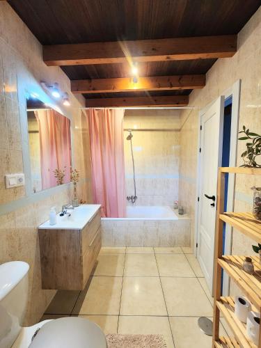 a bathroom with a tub and a toilet and a sink at La Esmeralda in Hornedo