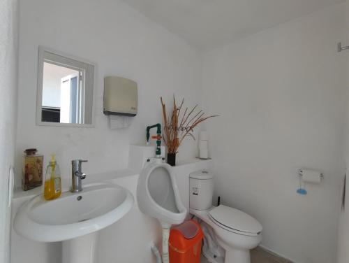 a bathroom with a sink and a toilet and a mirror at Bungalow Lomas de Cocoyoc in Oaxtepec