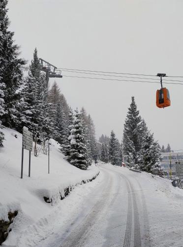 a traffic light hanging over a snow covered road at Ale 1206, Marilleva 1400 accesso diretto alle piste in Marilleva