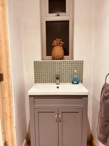 a bathroom with a sink and a pineapple on a window at Spacious 5 Bedroom Home in Central Kidderminster with Private Parking and Electric Vehicle Facilities, Easy Access to Birmingham and Nearby Towns in Kidderminster