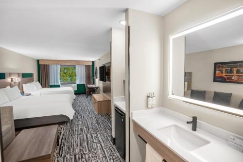 a hotel room with a bed and a sink at Holiday Inn Express & Suites Hayward by IHG in Hayward