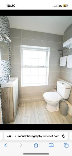 a bathroom with a toilet and a sink and a window at Ballintemple inn in Newcastle West
