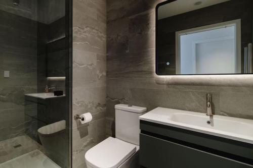 a bathroom with a toilet and a sink and a mirror at Unit 3, 11 Hospital Road Apartment in Wellington