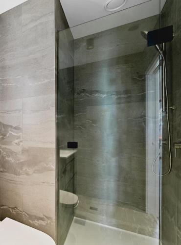 a bathroom with a shower and a toilet at Unit 3, 11 Hospital Road Apartment in Wellington