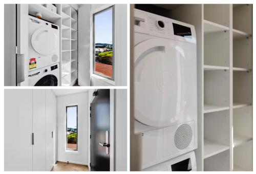 a kitchen with a washing machine and a window at Unit 3, 11 Hospital Road Apartment in Wellington