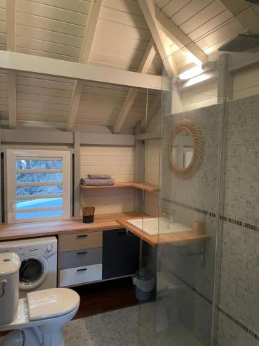 a small bathroom with a toilet and a sink at KER MARYA Bungalow in Terre-de-Haut