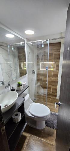 a bathroom with a toilet and a sink and a shower at Hermosa casa con espacios independientes cerca a Mall plaza in Manizales