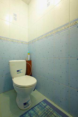 baño azul y blanco con aseo en Apartment Oksi en Leópolis