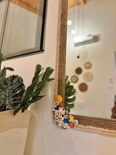 a mirror on a wall next to a plant at Tropical Suite 22 B in Santa Maria