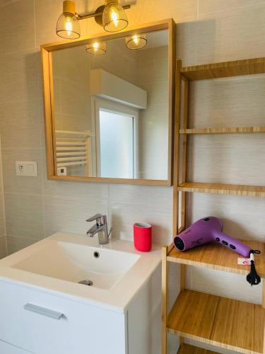 une salle de bain avec un lavabo et un miroir dans l'établissement Jacuzzi & Sauna privatifs - Vue mer, à Blainville-sur-Mer