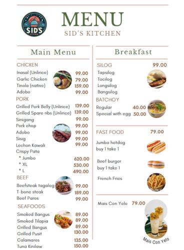 a menu for the menu of the meiji subs kitchen at SID'S Traveller's INN in General Santos