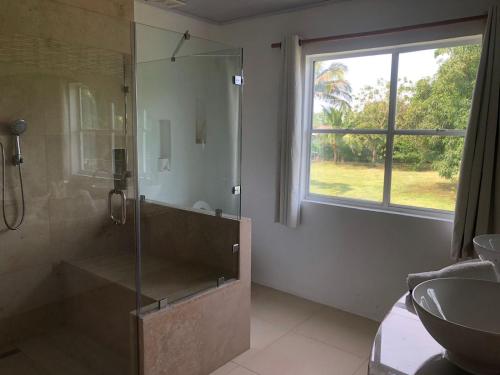 ein Badezimmer mit Dusche und Waschbecken und einem Fenster in der Unterkunft Emerald Luxe Suites in Big Corn Island