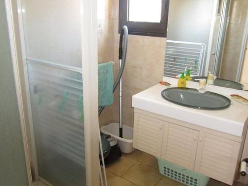 une salle de bain avec un lavabo et une douche dans l'établissement Villa spacieuse 9 pers avec piscine privée, grand jardin, parking à Sérignan - FR-1-781-71, à Sérignan