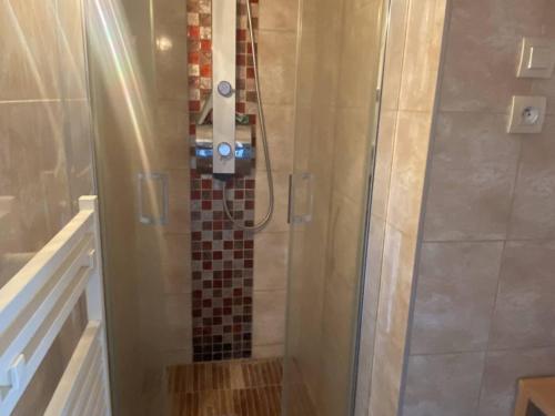 une douche avec une porte vitrée dans une salle de bain dans l'établissement Studio idéal à 100m de la plage avec parking sécurisé - FR-1-782-71, au Barcarès