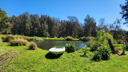 a boat sitting in the grass next to a river at Mary MacKillop Spirituality Centre Central Coast in Kincumber South