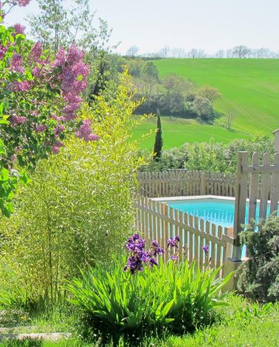 une clôture dans un jardin avec une piscine dans l'établissement Les Roulottes Du Lauragais, à Montmaur