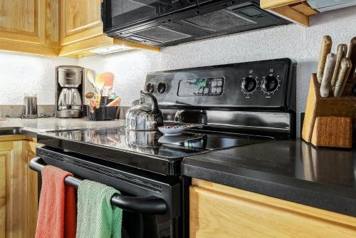 a black stove top oven in a kitchen at Peaceful creek view from the deck! Walk to Shuttle in Vail