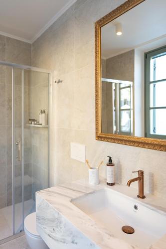 a bathroom with a sink and a toilet and a mirror at Nisomar Suites in Symi