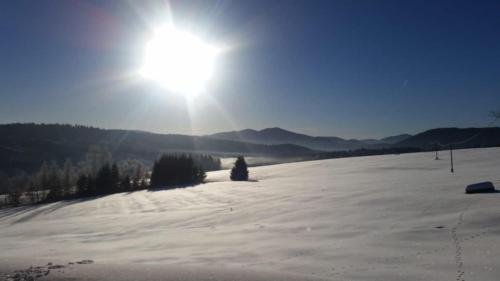 a person in a snow covered field with the sun at Domek na Czerwonej Górce in Uście Gorlickie