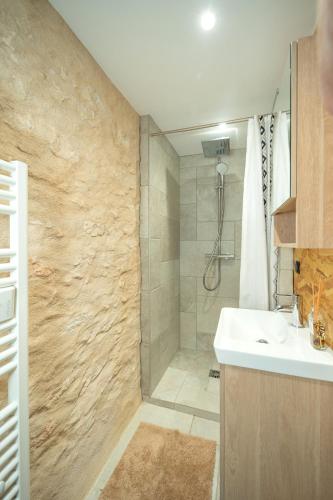 une salle de bain avec un lavabo et une douche dans l'établissement Le Mas de l Olivier, à Poulan-Pouzols