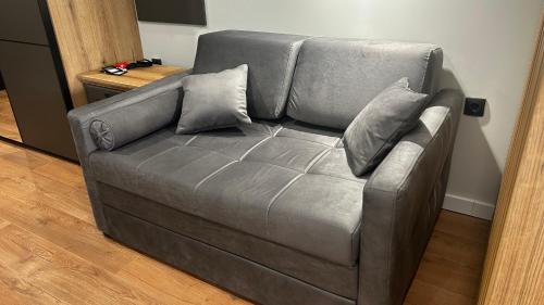 a grey couch with pillows on it in a room at Bela Reka C308 in Brzeće