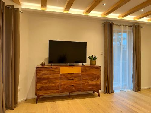a flat screen tv sitting on top of a wooden dresser at Gartenhaus Luise in Dresden