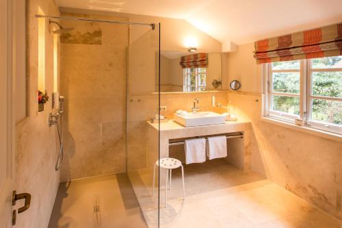 a bathroom with a shower and a sink at Romantik Hotel Friederikenhof Hotel Restaurant & Spa in Lübeck