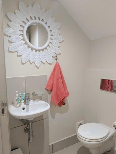 a bathroom with a sink and a mirror and a toilet at Harolds Haven at The Bay in Herolds Bay