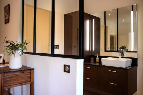 une salle de bain avec un lavabo et un miroir dans l'établissement Château Caillivet au cœur d'un vignoble Bio pour 2 à 6 personnes, à Mazères