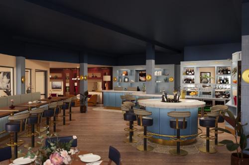 a rendering of a restaurant with a bar at Kusthotellet Styrsö in Styrsö