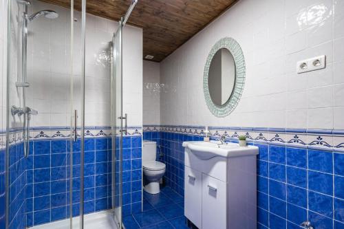 a blue tiled bathroom with a toilet and a shower at La Congosta, mágica aldea rodeada de montañas in La Plaza