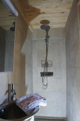 a bathroom with a black sink and a wooden ceiling at Cabanon in Sapois