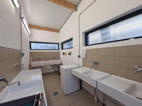 un bagno con due lavandini e due orinatoi di Cabane forestière près base nautique avec terrasse et parking - FR-1-591-647 a Pouligny-Notre-Dame