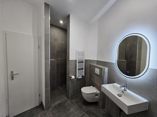 un bagno con un water, un lavandino e uno specchio di ApartHotel Slumber 24h Self Check in a Geesthacht