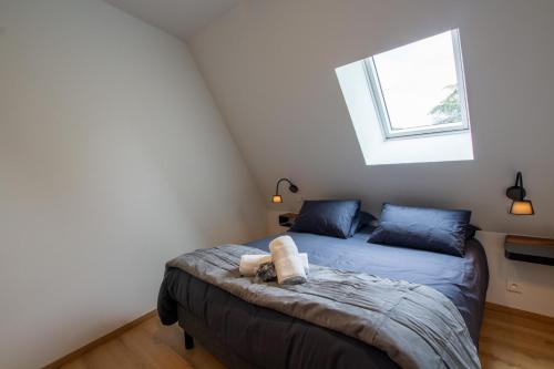 a bedroom with a bed with blue pillows and a window at Gite de la fontanelle in Anlhiac