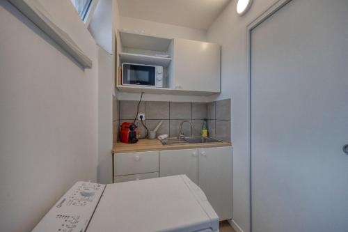 mała kuchnia ze zlewem i kuchenką mikrofalową w obiekcie Le Semard - Schneider - EDF - ST Micro - CEA w mieście Saint-Martin-le-Vinoux