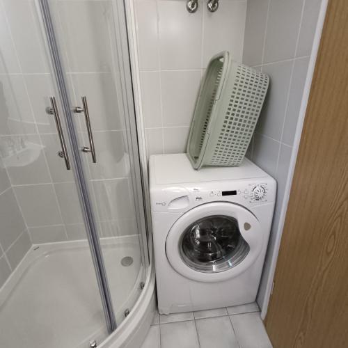 a washing machine in a bathroom with a shower at Studio Vesna & Žan in Koper