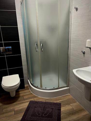 a bathroom with a shower and a toilet and a sink at Hostel Azymut in Września