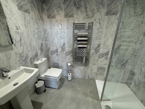 a bathroom with a toilet and a sink and a shower at Elford House - Whitby in Whitby