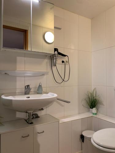 a bathroom with a sink and a mirror and a toilet at Ferienwohnung Schmidt in Rosengarten