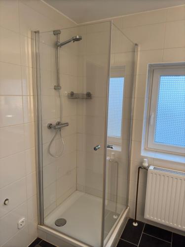 a shower with a glass door in a bathroom at Gemütliches Gasthaus in Pinneberg