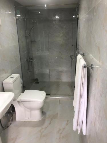 a bathroom with a shower and a toilet and a sink at Panorama Green View Hotel Nuwara Eliya in Nuwara Eliya