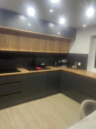 une cuisine avec des armoires en bois et un comptoir dans l'établissement Appartement à Fillinges, à Fillinges